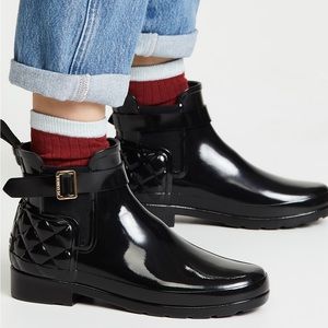 HUNTER Boots Refined Quilted Gloss Chelsea Boots, Black Rubber, US Womens Size 9